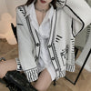 Retro Loose Graffiti Cardigan Knitted Jacket Long V Neck Autumn Winter Knitted Sweaters Tops Solid Casual Pull White Black Coats