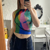 Retro Painting Print Crop Tank Top Vintage Mesh Slim Crew Neck Tops Women Girl Aesthetic Tee Sleeveless Vest Crop Summer