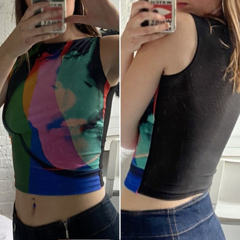 Retro Painting Print Crop Tank Top Vintage Mesh Slim Crew Neck Tops Women Girl Aesthetic Tee Sleeveless Vest Crop Summer