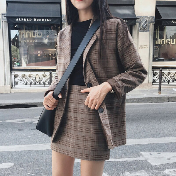 Retro Plaid Blazer Set Single-breasted Jacket Pencil Skirt 2 Pieces Skirt Suit Female Office Ladies Blazer Suit Skirt Set Plaid