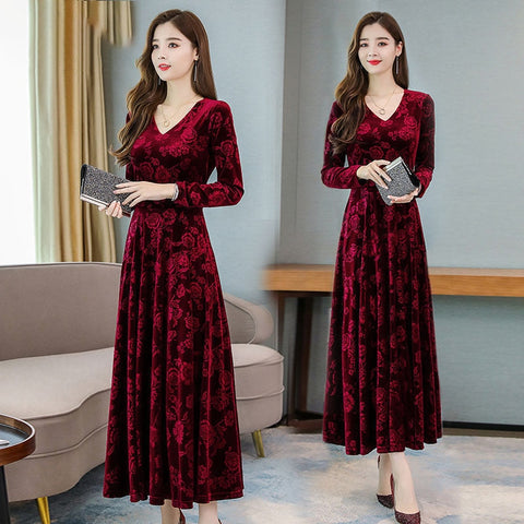 Retro Print Velvet Long Dress Women Office Lady Elegant Long Sleeve Plus Size Dress Vintage Slim Waist Maxi Party Dress Vestidos