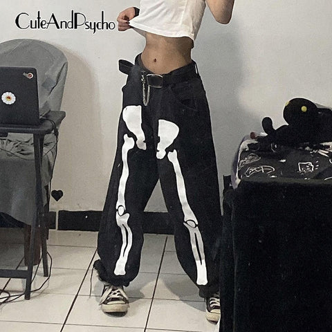 Retro Skeleton Print  Denim Jeans Women Grunge Loose Baggy Pants Streetwear High Waist Cargo Trousers Vintage Cuteandpsycho