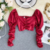 Retro Solid Color Sexy Square Collar Puff Sleeves Pleated Long-sleeved Pearls Buttons Short Blouse Mini Shirt Crop Tops Blusas