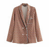 Retro Spliced blue edge Polka Dot Print Blazer Brown Woman Lapel Single Pocket Double Breasted Suit Casual Jacket Coat Outerwear