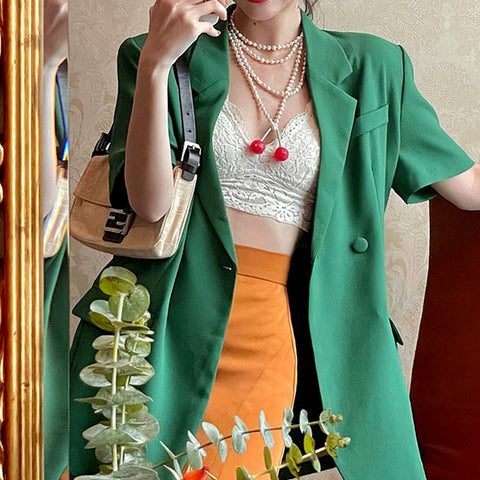 Retro Spring and Summer 2023 Short-sleeved Green Suit Jacket Women's Thin Temperament Casual Small Suit Jacket