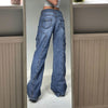 Retro Street Cargo Pants Harajuku Blue Pocket Stitching Jeans High Waist Wide Leg Pants Women Y2K Clothing Straight Pants Women