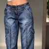 Retro Street Cargo Pants Harajuku Blue Pocket Stitching Jeans High Waist Wide Leg Pants Women Y2K Clothing Straight Pants Women