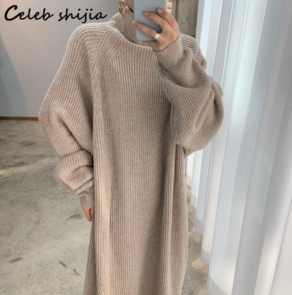 Retro Turtleneck Woolen Dress for Women Thicken Striped Autumn 2022 Oversized Long Knit Dresses Female Winter Sweater Clothing