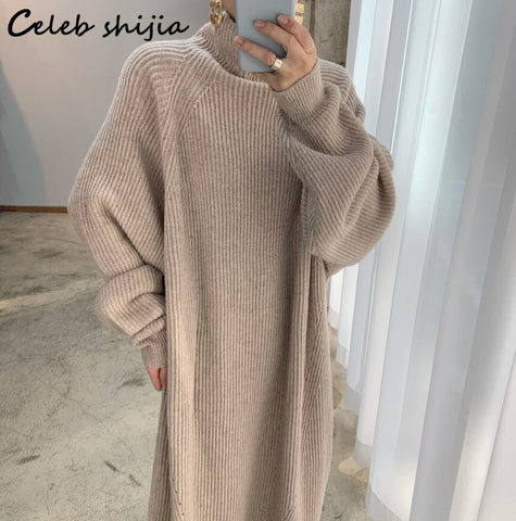 Retro Turtleneck Woolen Dress for Women Thicken Striped Autumn 2022 Oversized Long Knit Dresses Female Winter Sweater Clothing