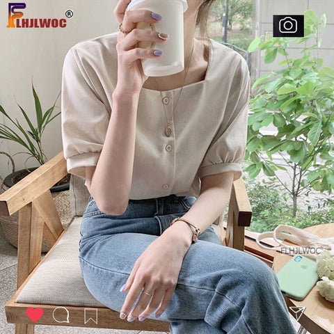 Retro Vintage Chic Square Collar Tops Women Summer Short Sleeve Korea Japan Style Design Button Blouse Shirts Flhjlwoc Cute