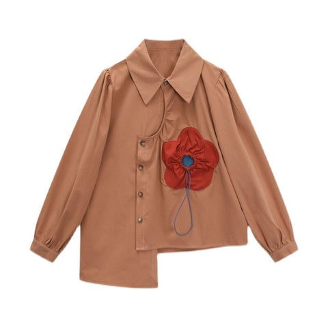 Retro Vintage Irregular Women's Shirt Long Sleeve Lapel Neck Chic Floral Patchwork Shirt Female Y2K Casual Blouse Top Streetwear