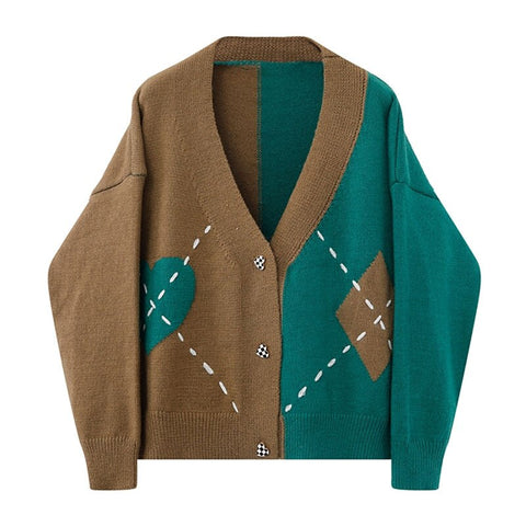 Retro Vintage Loose Cardigan Sweater V Neck Women Autumn Winter Korean Loose Patchwork Knitted Casual Cardigan Long-sleeve Shirt