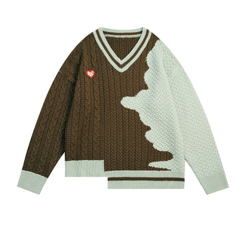 Retro Vintage Women Sweaters Patchwork Brown Pullover Tops Loose Long-sleeves Female Autumn Casual All-match Irregular Hoodies