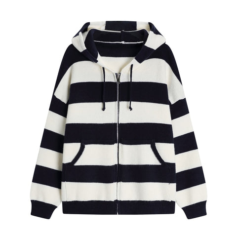 Retro Vintage stripe Zip Up Women Cardigan For Girls Korean Style Long Sleeve Loose Sweaters Casual Hooded Knitted Sweatshirt