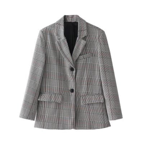 Retro Women Blazer Plaid Loose Mujer Elegante Double Breasted Houndstooth Womens Business Suit Mantel Damen Tweed Jacket KC7C026