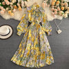 Retro Women Boho Dress 2023 Spring Autumn Long Sleeved Bow Pleated Dresses Ladies Elegant Floral Printed Long Robe Vestidos