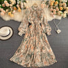 Retro Women Boho Dress 2023 Spring Autumn Long Sleeved Bow Pleated Dresses Ladies Elegant Floral Printed Long Robe Vestidos