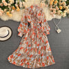Retro Women Boho Dress 2023 Spring Autumn Long Sleeved Bow Pleated Dresses Ladies Elegant Floral Printed Long Robe Vestidos