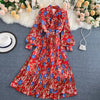 Retro Women Boho Dress 2023 Spring Autumn Long Sleeved Bow Pleated Dresses Ladies Elegant Floral Printed Long Robe Vestidos