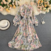 Retro Women Boho Dress 2023 Spring Autumn Long Sleeved Bow Pleated Dresses Ladies Elegant Floral Printed Long Robe Vestidos