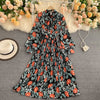Retro Women Boho Dress 2023 Spring Autumn Long Sleeved Bow Pleated Dresses Ladies Elegant Floral Printed Long Robe Vestidos