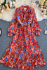 Retro Women Boho Dress 2023 Spring Autumn Long Sleeved Bow Pleated Dresses Ladies Elegant Floral Printed Long Robe Vestidos