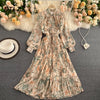 Retro Women Boho Dress 2023 Spring Autumn Long Sleeved Bow Pleated Dresses Ladies Elegant Floral Printed Long Robe Vestidos