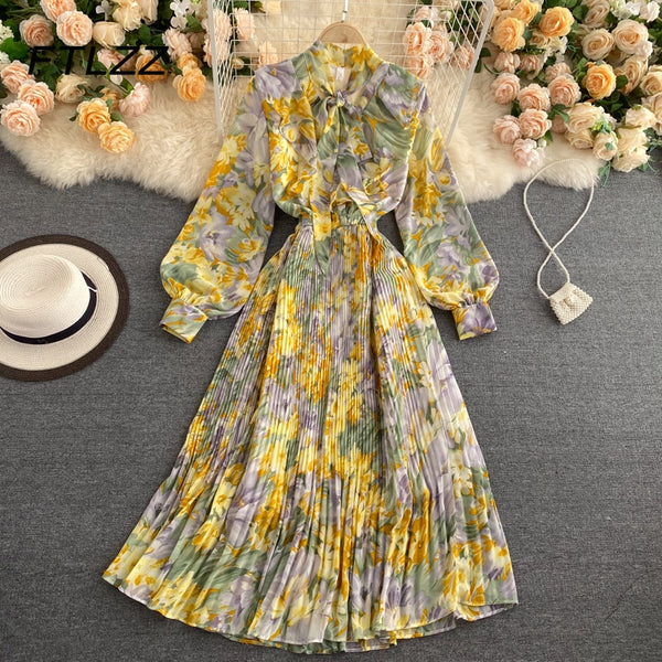 Retro Women Boho Dress 2023 Spring Autumn Long Sleeved Bow Pleated Dresses Ladies Elegant Floral Printed Long Robe Vestidos