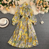 Retro Women Boho Dress 2023 Spring Autumn Long Sleeved Bow Pleated Dresses Ladies Elegant Floral Printed Long Robe Vestidos