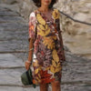 Retro Women Plus Size Dress Female V-Neck Linen Oversize Dress Ladies Casual Printing Short sleeve  Midi Dress vestido de mujer