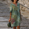 Retro Women Plus Size Dress Female V-Neck Linen Oversize Dress Ladies Casual Printing Short sleeve  Midi Dress vestido de mujer