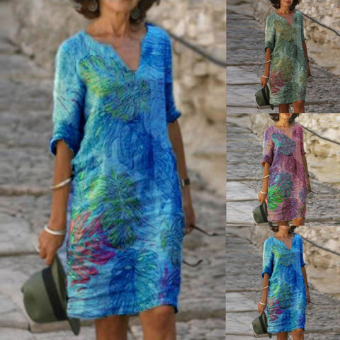 Retro Women Plus Size Dress Female V-Neck Linen Oversize Dress Ladies Casual Printing Short sleeve  Midi Dress vestido de mujer