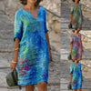Retro Women Plus Size Dress Female V-Neck Linen Oversize Dress Ladies Casual Printing Short sleeve  Midi Dress vestido de mujer