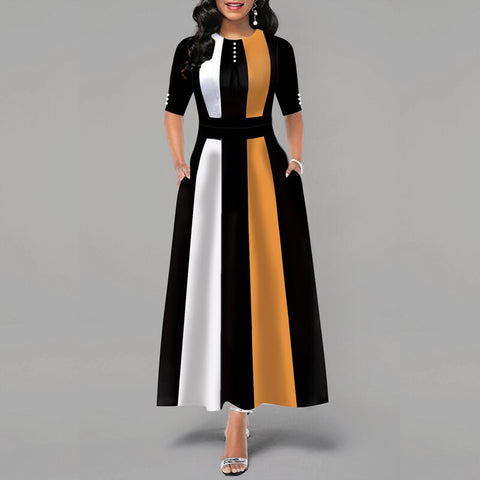 Retro Women Striped Dress Ladies Long Maxi Dress Office Lady 3/4 Sleeve High Waist Long Dress Classic Female Fit and Flare Dress