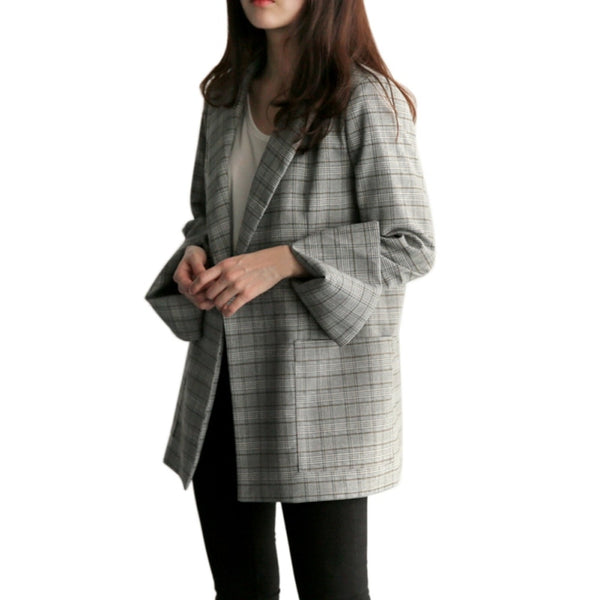 Retro Women's Blazers Coats Cardigan Style Slim Women's Suit Plaid Long Sleeve Female Jacket