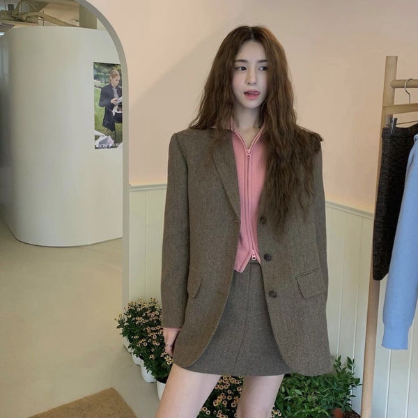 Women's Retro Wool Temperament Herringbone Woolen Blazer Half Skirt Suit