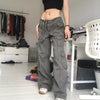 Retro girl low waist pocket straight jeans women 2022 autumn trend streetwear loose casual gray denim sports pants women