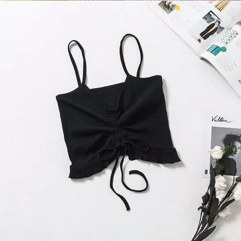 Ribbed Bow Tie Camisole Tank Tops Women Summer Basic Crop Top Streetwear Fashion 2022 Solid Color Girls Cropped Tees Camis