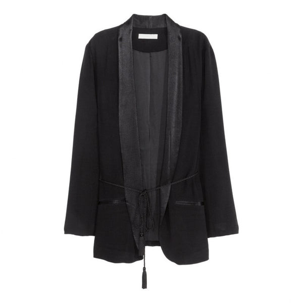 Richkoko Fashion Women Blazer Solid Black Chic Long Sleeve Pajamas Women Outwear Office Lady Autumn Pockets Tie Waist Coat