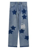 Ripped Denim Jeans Mens Distressed Hole Star Print Baggy Straight Jean Pants Streetwear Hip Hop Casual Loose Jeans Trousers Blue