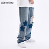 Ripped Denim Jeans Mens Distressed Hole Star Print Baggy Straight Jean Pants Streetwear Hip Hop Casual Loose Jeans Trousers Blue