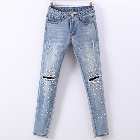 Ripped Jeans For women Skinny Pearl Destroyed Woman Jeans With Beads Skinny Ankel Length Bottom Denim Pants Pantalon Femme Jean