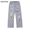 Ripped Jeans Men Hip Hop Embrodiery Patches Distressed Destroyed Hole Straight Denim Jeans Streetwear Summer Baggy Trousers Male