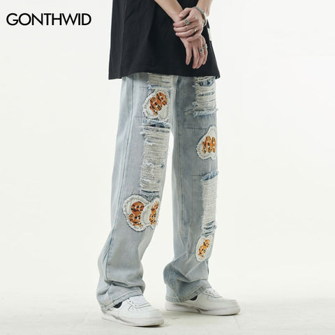 Ripped Jeans Men Hip Hop Embrodiery Patches Distressed Destroyed Hole Straight Denim Jeans Streetwear Summer Baggy Trousers Male