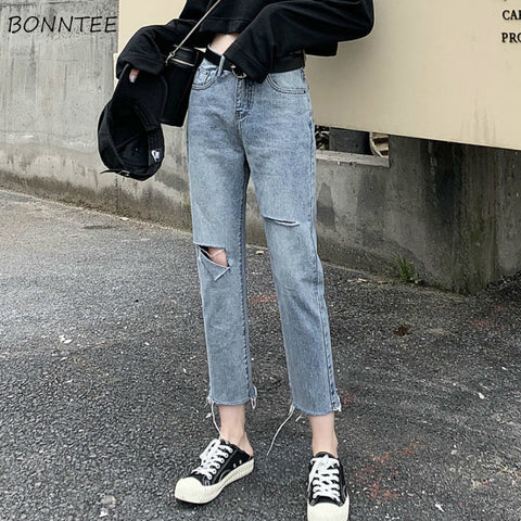 Ripped Jeans Women Chic Harajuku High Street Stylish Summer Popular Teens Ankle-Length Trouser Vintage Tassel Womens Jean Pocket