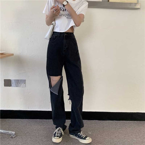 Ripped Jeans Women's Summer Chic Yupi Girl Black Straight High Waist Look Taller Slimming Front and Rear Beggar Pants