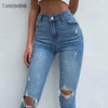 Ripped Skinny Jeans For Women High Waist Hip Lift Elastic Pencil Pants Mom Wash Blue Denim Slim Jeans Trousers Stretch Pants New