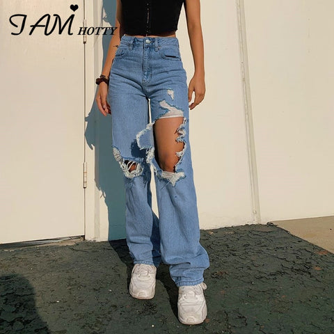 Ripped Straight Women's jeans Baggy Vintage High Waist Boyfriends Mom Denim Distressed Streetwear 2022 Female  Iamhotty