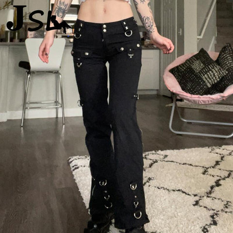 Rivet Black Punk Jean Women Dark Academic Techwear Side Zipper Low Waist Straight Pant Mom Denim Trousers E Girl Goth Streetwear