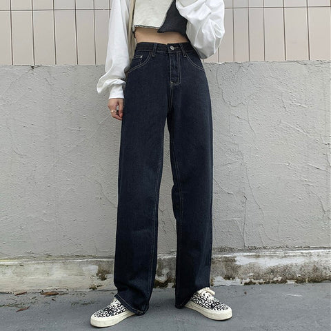 Rockmore Black Straight Women'S Jeans Wide Leg High Waist Denim Jeans Mom Boyfriend Baggy Trousers Vintage Bottom Casual Joggers